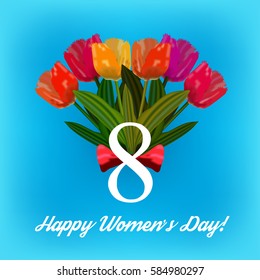 Happy women's Day card with spring flowers. Bright colorful bouquet of tulips on blurred blue background. Vector illustration.