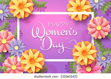 Happy women's day card template with paper flowers on purple background