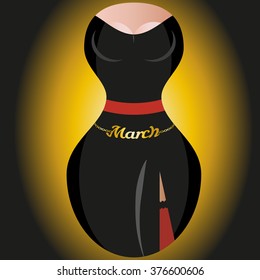 Happy Women's Day card template on a gold background with a silhouette of a woman in a figure 8 and the word of March.