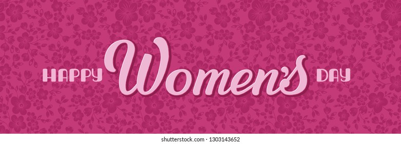 Happy Women's Day card. Tender gift card with flower pattern on back. Elegant modern handwritten calligraphy. Vector Ink illustration. International women's day. For invitations, prints etc