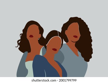Happy women's day card with three women of different ethnicities and cultures stand side by side together. Strong and brave girls support each other. Sisterhood and females friendship. Vector