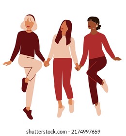 Happy women's day card with three women of different ethnicities and cultures jumping by the hand together. Strong and brave girls support each other. Sisterhood and females friendship. Vector girls