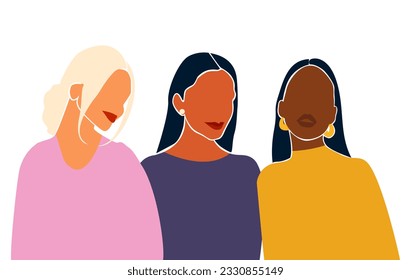 Happy women's day card with three women of different ethnicities and cultures stand side by side together. Strong and brave girls support each other. Sisterhood and females friendship. Vector