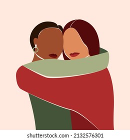 Happy women's day card with two women of different ethnicities and cultures hugging. Strong and brave girls support each other. Sisterhood and females friendship. 