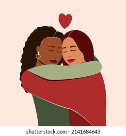 Happy women's day card with two women of different ethnicities and cultures hugging. Strong and brave girls support each other. Sisterhood and females friendship. 