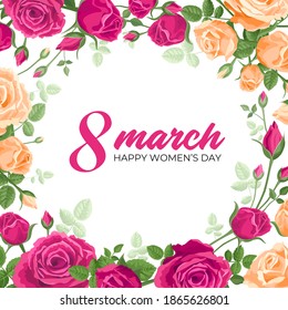 Feliz día de las mujeres. Banner de la web Vector square, afiche, volante, saludo por los medios sociales con el texto 8 de marzo, Feliz Día de la Mujer. Hermosas rosas, brotes, hojas. Concepto de marchas de 8 feriados femeninos