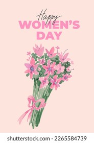 Happy women's day card with watercolor bouquet of pink lilies on beige background.