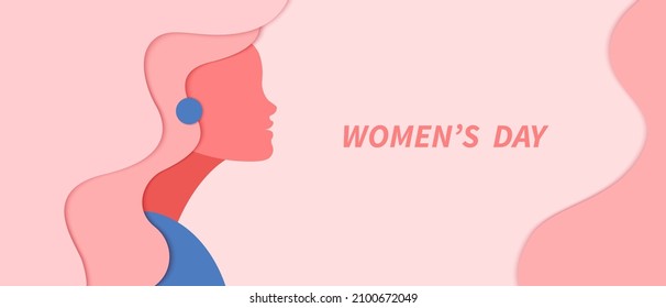 Tarjeta feliz Día de la Mujer. Mujer con pelo largo rosado y pendientes 8 de marzo saludos de feriado. Estilo minimalista de corte plano y con cámara de inhalación.