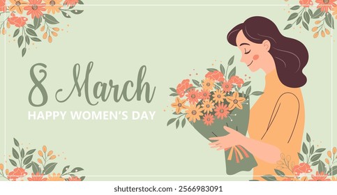 Happy womens Day card. Woman with a bouquet of spring flowers. Holiday illustration in flat style, postcard.