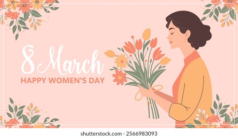 Happy womens Day card. Woman with a bouquet of spring flowers. Holiday illustration in flat style, postcard.