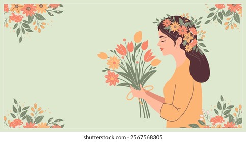 Happy womens Day card. Woman with a bouquet of spring flowers. Holiday illustration in flat style, postcard.