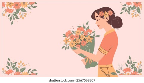 Happy womens Day card. Woman with a bouquet of spring flowers. Holiday illustration in flat style, postcard.