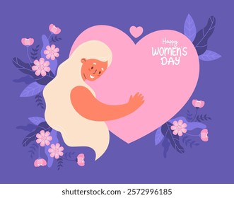 Happy Women's Day card. Happy woman with long hair with with big pink heart and bouquets of flowers. International holiday is celebrated annually on March 8. Vector illustration in flat style