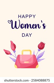 Happy Women's Day Card with a woman's bag and flowers tulips. Simple cute greeting card in pink tones. Vector illustration.