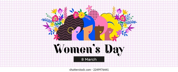 Happy women's day card with women of different ethnicities and cultures stand side by side together with flowers around them. Strong and brave girls support each other. Vector banner.
