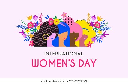 Happy women's day card with women of different ethnicities and cultures stands side by side together with flowers around them. Strong and brave girls support each other. Vector banner.