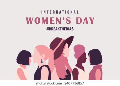Happy women's day card with women of different ethnicities and cultures stand side by side together.