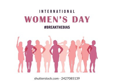 Happy women's day card with women of different ethnicities and cultures stand side by side together.