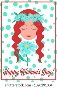 Happy Women's Day Card, young Lady with Camomile
