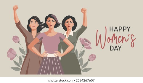 Happy Women's Day card. Young women with raised hands on background with flowers. Banner, poster, illustration