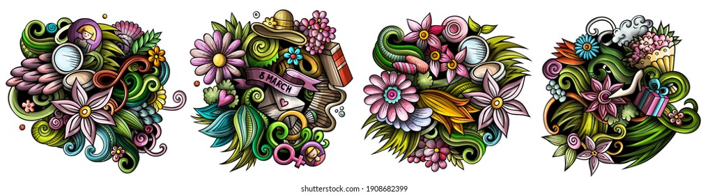 Happy Womens Day cartoon vector doodle designs set. Colorful detailed compositions with lot of spring holiday objects and symbols. Isolated on white illustrations