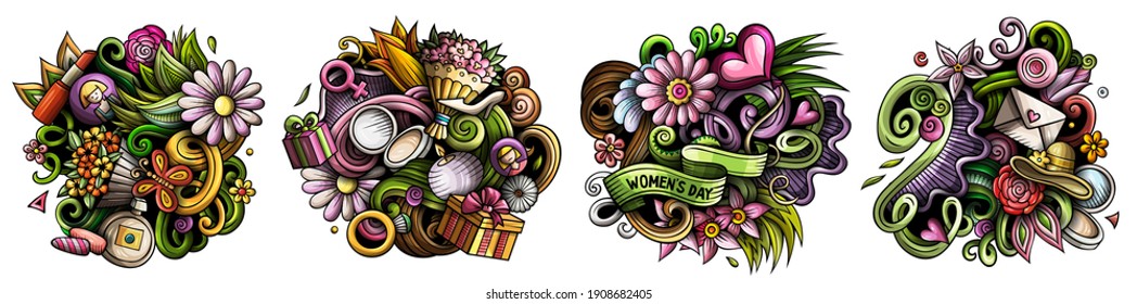 Happy Womens Day cartoon vector doodle designs set. Colorful detailed compositions with lot of spring holiday objects and symbols. Isolated on white illustrations