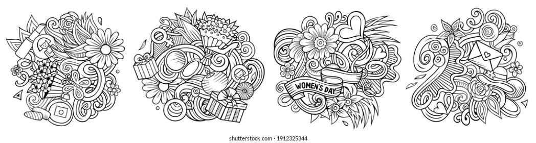 Happy Womens Day cartoon vector doodle designs set. Sketchy detailed compositions with lot of spring holiday objects and symbols. Isolated on white illustrations