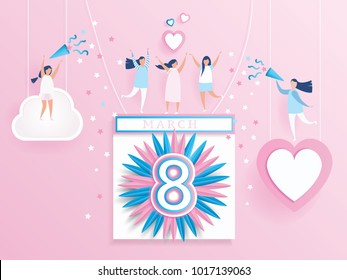 Feliz calendario de celebración del Día de la Mujer Concepto. diseño para el Día Internacional de la Mujer 8 de marzo. y mujeres jóvenes alegres con antecedentes rosas. Ilustración vectorial.Estilo de arte de papel.