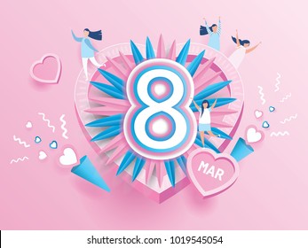 Happy women's day celebration calendar concept. design for International Women's Day 8 March holiday. and young joyful women on pink background. Vector illustration.paper art style.