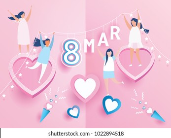 Happy women's day celebration calendar concept. design for International Women's Day 8 March holiday. and lovely joyful women on pink background. Vector illustration.paper art style.