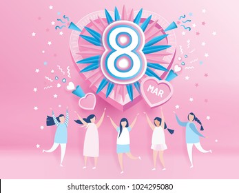 Happy women's day celebration calendar concept. design for International Women's Day 8 March holiday. and lovely joyful women on pink background. Vector illustration.paper art style.