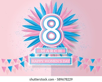 Happy women's day celebration card Concept. design for International Women's Day - 8 March holiday. and young woman joyful on abstract pink background. Vector illustration.paper craft style.