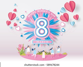 Happy women's day celebration card Concept. design for International Women's Day - 8 March holiday. and young woman joyful on abstract pink background. Vector illustration.paper craft style.