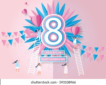 Happy women's day celebration card Concept. design for International Women's Day - 8 March holiday. and young woman joyful on abstract pink background. Vector illustration.paper craft style.