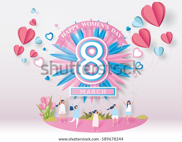 快乐妇女节庆祝卡概念 设计国际妇女节 3 月8 日假期 和年轻女子快乐的抽象粉红色背景 库存矢量图 免版税