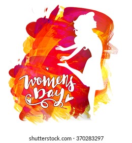 Happy Women's Day celebration concept with creative illustration of a young girl on colorful paint stroke background.