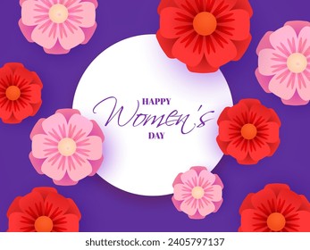 Happy Women's Day Celebration Poster or Card Design Decorated with Beautiful Red and Pink Flowers.