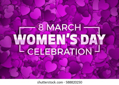 Happy Women's Day Celebration Vector Illustration. Typographic Design Text. Abstract Purple and Violet 3D Hearts Dense Structure Pattern with Subtle Texture