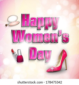 Happy Women's Day celebrations background with red lady shoe and cosmetics on shiny abstract background.