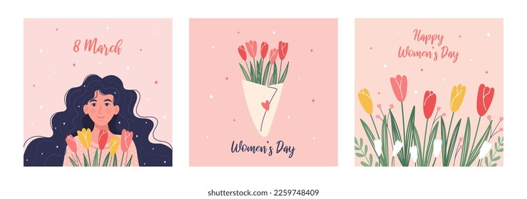 Happy Women's Day. Collection of greeting cards, posters, templates. Beauty woman with bouquet of flowers, floral background with tulips and spring flowers. Vector illustration for March 8. 