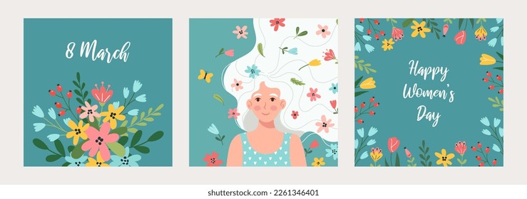 Happy Women's Day. Collection of greeting cards, posters, templates. Сute woman with flowers in hair, floral background with spring flowers. Vector illustration for the celebration of March 8.