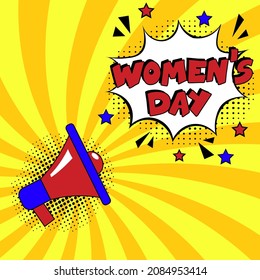Happy women's day. comic book explosion with text - women's day. 8 march happy women's day, international holiday. Pop art chat wow text box cloud. Greeting sticker label woman's mothers day.