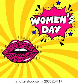 Happy women's day. comic book explosion with text - women's day. 8 march happy women's day, international holiday. Pop art chat wow text box cloud. Greeting sticker label woman's mothers day.