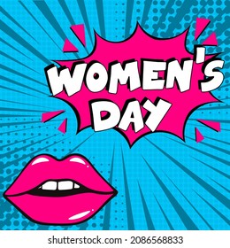 Happy women's day. comic book explosion with text - women's day. 8 march happy women's day, international holiday. Pop art chat wow text box cloud. Greeting sticker label woman's mothers day.