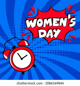 Feliz día de la mujer. explosión de historietas con texto - Día de la mujer. 8 de marzo feliz Día de la Mujer, feriado internacional. Pop art chat wow cuadro de texto nube. Etiqueta de etiqueta de emoticones de saludo para el día de la madre de la mujer.