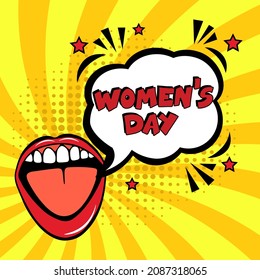 Happy women's day. comic book explosion with text - women's day. 8 march happy women's day, international holiday. Pop art chat wow text box cloud. Greeting sticker label woman's mothers day.