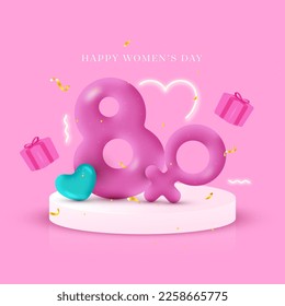 Happy Women's Day Concept With 3D Render of 8 Number, Venus Symbol, Hearts On Podium And Gift Boxes.