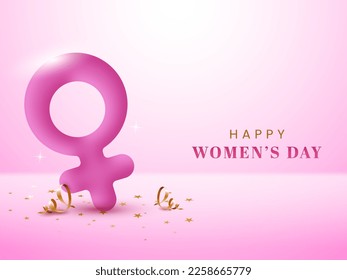 Happy Women's Day Concept With 3D Render of Pink Venus Symbol, Golden Curl Ribbons On Glowing Background.