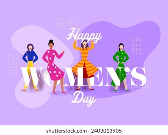 Happy Women's Day Concept Based Greeting Card with Fashionable Young Women Characters on Pastel Purple Background.