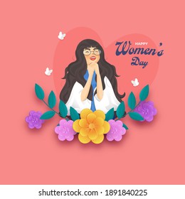 Happy Women's Day Concept With Cheerful Young Girl Character, Flowers, Leaves, Paper Butterflies On Red Background.